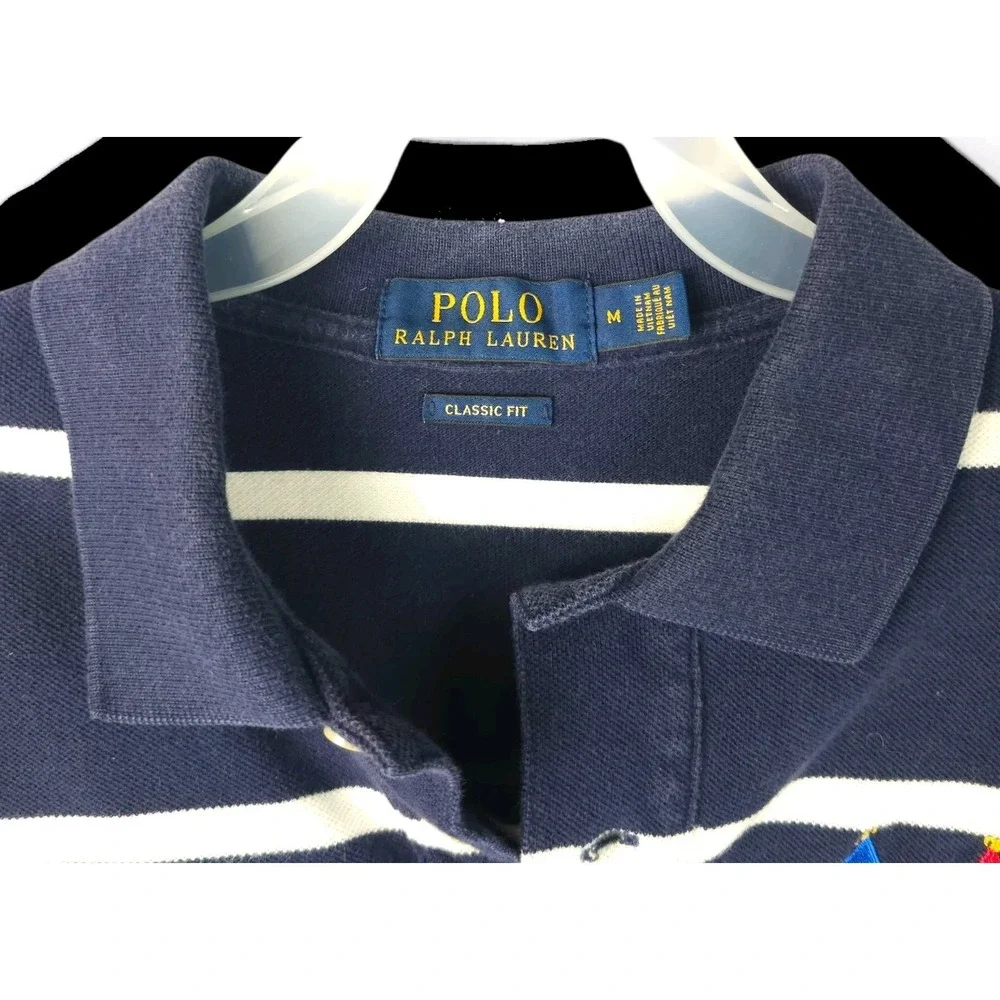 Polo Ralph Lauren Shirt Mens Medium Cross Flags Classic Fit Navy Blue Striped